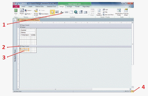 <strong> In the accompanying figure, item 3 points to the ____.</strong> A) Label control B) Design View button C) Page Footer bar D) Label button