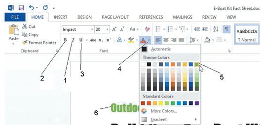 <strong> In the accompanying figure, item 5 points to ____.</strong> A) a color on the color palette B) selected text C) the Underline button D) the Bold button