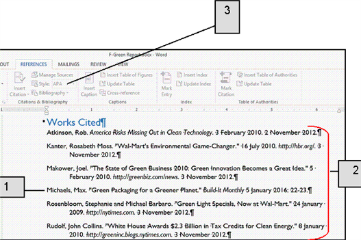 <strong>  In the accompanying figure, item 1 is an example of a(n) ____.</strong> A) source B) footnote C) bibliography D) index entry <div style=padding-top: 35px> 