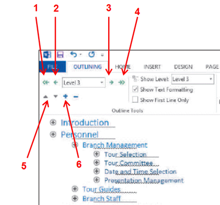 <strong> In the accompanying figure, number 2 points to which button?</strong> A) Promote text one level. B) Demote text one level. C) Move a heading and its text up one line. D) Demote to body text.