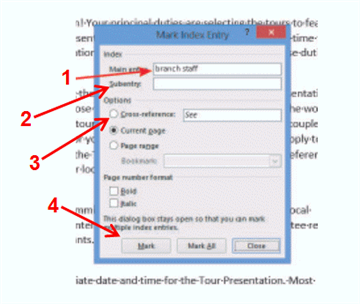 <strong> Which number in the above figure do you use to include text under a main entry?</strong> A) 1 B) 2 C) 3 D) 4