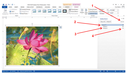<strong> In the accompanying figure, which item shows where you click to hide the selected picture?</strong> A) 1 B) 2 C) 3 D) 4