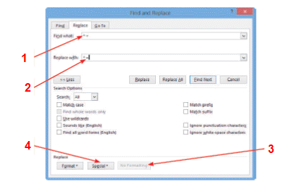 In the above figure, you would click item 3 to find and replace an em dash with an en dash.