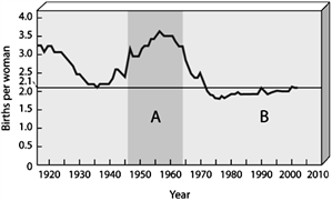 Total Fertility Rates for the United States Use the Figure above to answer the following question(s). The straight line running through the accompanying graph from left to right represents ____________________.