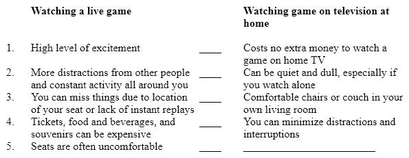 <strong>Instructions: Below is a plan for a contrast paragraph. The points of contrast in the second column do not follow the same order as the points in the first column. In addition, one detail is missing. Watching sports live and on television Select the letter of the answer that correctly numbers the points in the second column to match those in the first.</strong> A) 4, 1, 5, 2, 3 B) 5, 3, 2, 1, 4 C) 1, 5, 3, 4, 2