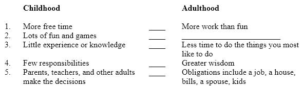 <strong>Instructions: Below is a plan for a contrast paragraph. The points of contrast in the second column do not follow the same order as the points in the first column. In addition, one detail is missing. Childhood and adulthood Select the letter of the answer that correctly numbers the points in the second column to match those in the first.</strong> A) 1, 4, 3, 5, 2 B) 3, 2, 1, 4, 5 C) 2, 5, 1, 3, 4