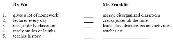 <strong>Instructions: Below is a plan for a contrast paragraph. The points of contrast in the second column do not follow the same order as the points in the first column. In addition, one detail is missing. Compare two teachers. Select the answer that correctly numbers the points in the second column to match those in the first.</strong> A) 3, 4, 2, 5, 1 B) 1, 5, 4, 3, 2 C) 2, 3, 1, 5, 4