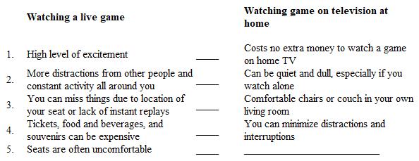 <strong>Instructions: Below is a plan for a contrast paragraph. The points of contrast in the second column do not follow the same order as the points in the first column. In addition, one detail is missing. The missing detail in the plan above is</strong> A) a power outage can disrupt your viewing. B) TV cameras provide a good view of the action. C) the food at home is healthier and more nutritious.