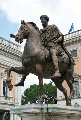 <strong> Which statement about the Equestrian Statue of Marcus Aurelius is correct?</strong> A)Marcus Aurelius scandalized Rome by making this horse a member of the Senate. B)Marcus Aurelius wears the traditional clothes of a Roman emperor. C)The statue was crafted from hollow-cast bronze. D)Marcus Aurelius is emphasizing his military prowess in this sculpture.