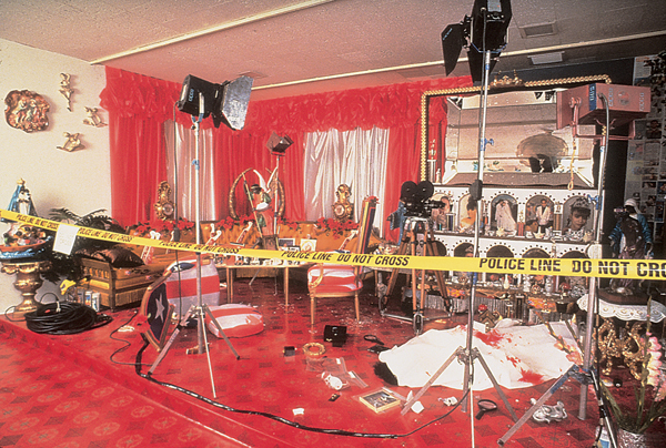 <strong> What form of mixed-media work is Osorio's The Scene of the Crime (Whose Crime?), exploring mass media depictions?</strong> A)Collage B)Montage C)Apotheosis D)Installation