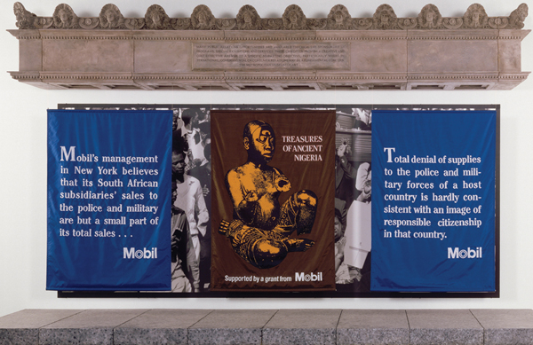 <strong> Which describes the subject of Hans Haacke's MetroMobiltan?</strong> A)The discrimination experienced throughout the Metro's service B)The need for mobilization of voter turnout C)The problematic connection between exhibition funding and controversial corporate policy D)The importance of supporting major art institutions, such as the Metropolitan Art Museum