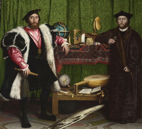 <strong> In The Ambassadors , how does Hans Holbein the Younger choose to portray Jean de Dinteville and Georges de Selve?</strong> A)As musicians B)As humanists C)As scientists D)As artists