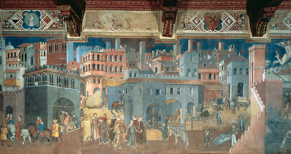 <strong> What political statement is made in Ambrogio Lorenzetti's fresco Allegory of Good Government: The Effects of Good Government in the City and in the Country?</strong> A)The prosperity that comes from a stable government B)The increase in agricultural output with carefully regulated production C)The value of a strong central leader for regulating international trade D)The uptick in Siena's economy after joining the papal states