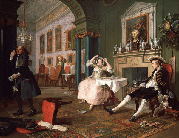 <strong> What kind of critique did William Hogarth's Breakfast Scene make?</strong> A)The importance of consuming a healthy breakfast B)The morally bankrupt status of the wealthy couple depicted in the image C)The value of maintaining the status quo for society to prosper D)The dangers of overreliance on French luxury goods