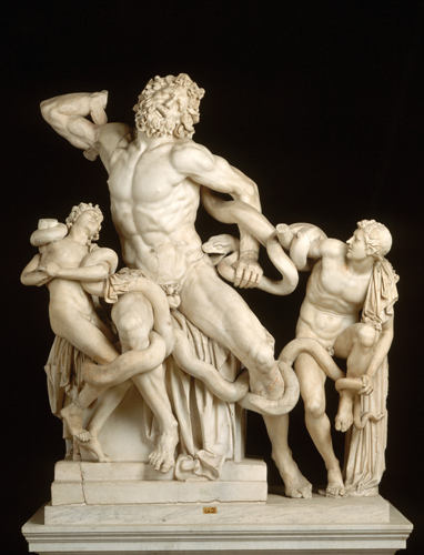 <strong> The sculpture Laocoön and His Sons displays which characteristic aspect of Hellenistic art?</strong> A)Polykleitos's Canon is the organizing principle for depicting their bodies. B)The three figures are each rendered in a contrapposto pose. C)Human vulnerability and extreme emotions are key themes. D)The three figures' inner turmoil is revealed through psychoanalysis of its main theme.