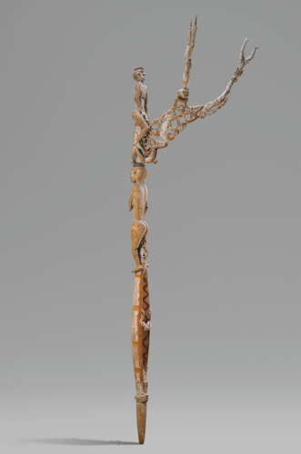 <strong> Which statement is true of objects such as this Bisj Pole ?</strong> A)Traditionally their carving and decoration preceding headhunting. B)Their small size was indicative of their use being carried in ceremonies. C)Their imagery represented the chief. D)Their symbolism was meant to enhance fertility through their rituals.