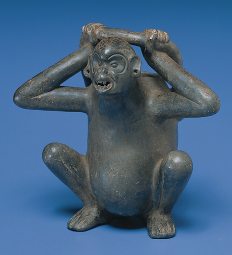 <strong> Which statement is correct about Vessel in the Form of a Monkey ?</strong> A)It represents Hanuman, the monkey god. B)It was used ritually to signal the renewal of life every spring. C)It shows the importance of monkeys in Aztec culture. D)It comes from the tradition of animal-shaped vessels used throughout Central and South America.