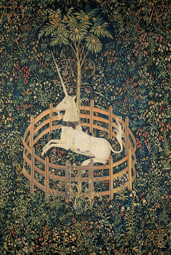 <strong> What is a likely meaning of the tapestry The Unicorn in Captivity ?</strong> A)The unicorn represents the purity of Mary, the mother of Jesus. B)The unicorn, like the lover in chivalric tales, is enchained by his love. C)The unicorn represents the interest in exotic animals seen in menageries throughout medieval Europe. D)The unicorn has an important role is chivalric legends regarding the origin of the French people.