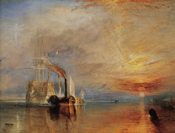 <strong> What's the relationship between the two ships in Turner's The Fighting Temeraire Tugged to Her Last Berth to Be Broken Up ?</strong> A)The elegant older sailing vessel contrasts the newer, ungraceful tugboat. B)The power of the newer tugboat overshadows the defunct sailboat. C)Turner was famed as a colorist so the ships just serve as formal devices. D)The two ships are metaphors for England and France, perpetually at war.