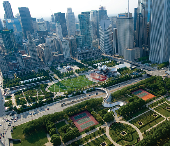 <strong> What is Millenium Park 's context within Chicago?</strong> A)It floats on top of Lake Michigan. B)It is a compact urban park nestled in the center of the Loop. C)It is a large suburban park, offering a relief from urban congestion. D)It's large in scale and situated above a train station.