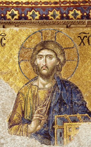 <strong> Which attribute can you observe in the Detail of the Deesis Mosaic of Hagia Sophia ?</strong> A)The mosaic exemplifies visual texture because of the way the artist created the illusion of texture. B)This mosaic is an example of simulated texture in the way it represents the surface of the gold background. C)This mosaic is an example of tactile texture because each mosaic piece is set at slightly different angles to best capture ambient light. D)The mosaic shows invented texture in the way the book is depicted.