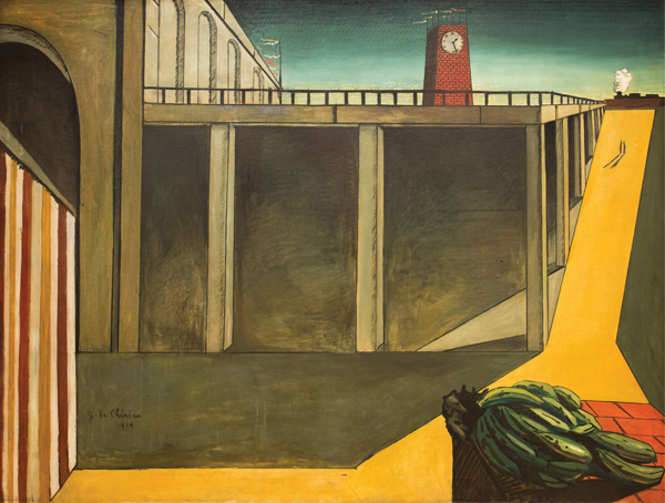 <strong> Which statement is true of Giorgio di Chirico's Gare Montparnasse (The Melancholy of Departure)?</strong> A)The use of radial balance in the trains and building convey a sense of order. B)Distorted perspective conveys the painting's evocation of a disturbing memory or a dream. C)The use of asymmetrical balance is seen in the figure on the yellow path. D)Hieratic scaling gives prominence to distant structures.