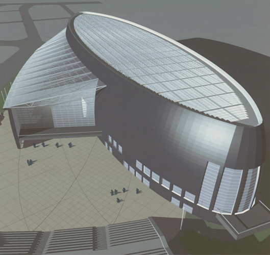 <strong> What is Arata Isozaki's Nara Convention Hall ?</strong> A)An installation B)A site-specific work C)A photomontage D)A computer-generated print