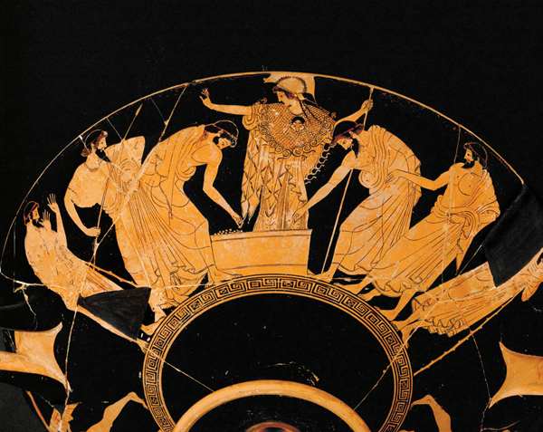 <strong> How was Douris's Red Figure Kylix made?</strong> A)The foundation for the background was a sand painting. B)Serigraphy was the main technique employed. C)The red figures were created through a combination of engraving and etching. D)A slip created the background for this very early example of painting.