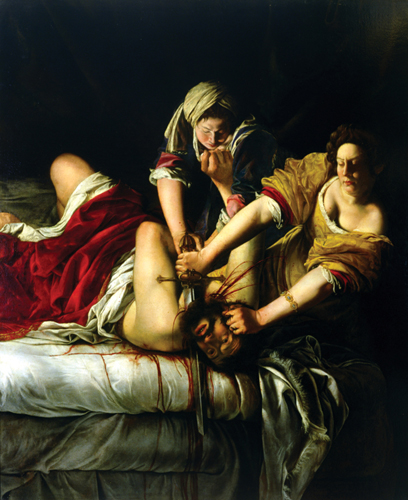 <strong> Which statement is a formal analysis of Artemisia Gentileschi's Judith and Holofernes ?</strong> A)Artemisia Gentileschi was rediscovered after centuries of oblivion by feminist art historians. B)Gentileschi's personal experience of trauma, through rape, shaped the way she depicted this scene. C)The dramatic use of diagonal lines and chiaroscuro highlights the gruesome decapitation. D)Artemisia Gentileschi's painting depicts a biblical event, seen in the close relationship to the textual source.