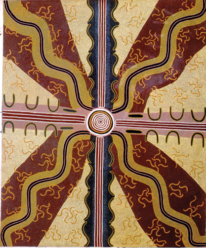 <strong> Looking at the composition of Paddy Carroll Tjungurrayi's Witchetty Grub Dreaming , which feature suggests the balance of the cosmos and the ancestors, providing sustenance for humans?</strong> A)Texture B)Symmetry C)Rhythm D)Color