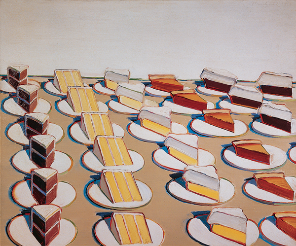 <strong> How is food depicted in this painting by Wayne Thiebaud, Pie Counter ?</strong> A)Health hazard B)Plentiful and nourishing C)Popular icon D)Beautiful and tempting