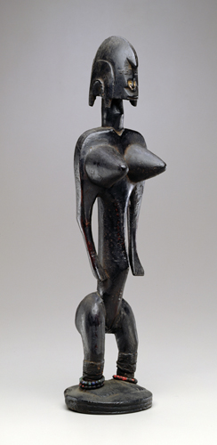 <strong> Which formal element does the Bamana fertility figure from Mali emphasize?</strong> A)Strong diagonal lines B)Varied surface textures C)Crisply defined geometric forms D)A nuanced range of warm colors