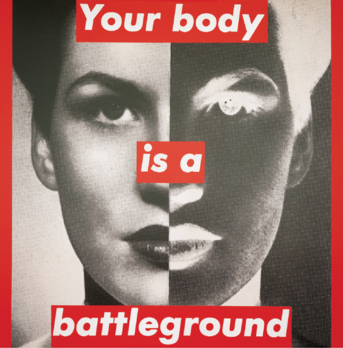 <strong> Which statement is true of Barbara Krueger's work Untitled (Your body is a battleground)?</strong> A)She makes a powerful antiwar statement. B)Although initially an abortion rights image, it's come to stand for other controversial issues. C)The split image refers to cross-dressing, questioning binary assumptions about gender. D)It's an example of abstracted sexual imagery.