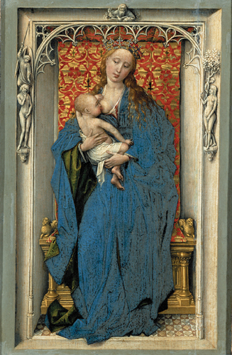 <strong> Virgin and Child in a Niche by Rogier van der Weyden has which subtext?</strong> A)Adam and Eve shown on the sides are her spiritual guides. B)Although the Virgin is shown as a loving mother, she is also appears to be quite serious in anticipation of her son's death. C)The Virgin's serious demeanor reflects the pain of childbirth. D)The Virgin's fertility is correlated with the fertility of the earth.