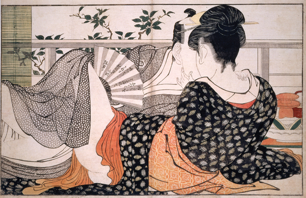 <strong> How is Kitagawa Utamaro's A Pair of Lovers characteristic of ukiyo-e prints?</strong> A)The floating life is rendered through the nautical themes evident in the print. B)It mirrors the spiritual and physical union of deities such as Krishna and Radha. C)Taking its cue ultimately from the Buddhist notion of the transience of life, it celebrates a scene of lovemaking. D)It has been considered by critics to covertly render female genitalia in the elaborate background patterning.