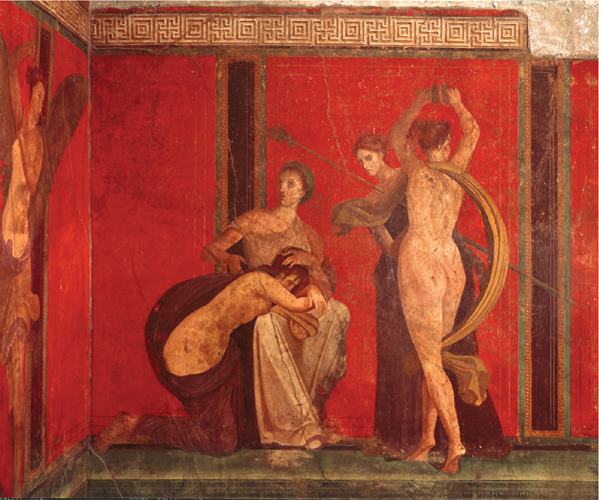 <strong> What was depicted in the murals at Pompeii's Villa of the Mysteries?</strong> A)A goddess's sacred childbirth B)The marriage of Dionysos and Ariadne C)A ritual welcoming a young woman into the cult of Dionysos D)The ancient Roman ritual celebrating a young woman's first menstrual period