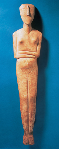 <strong> Which statement is correct about Cycladic figures such as the Idol from Amorgos ?</strong> A)Usually found in graves, perhaps they were connected with renewal. B)Their small size fueled speculation that they were meant to be cradled in the palm of a hand. C)They stood as eternal guards at the entrance of graves. D)They were found in pairs, suggesting they were viewed as a primordial couple.