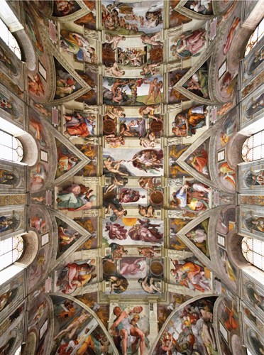 <strong>​   What do the images of Michelangelo's Ceiling of the Sistine Chapel show?</strong> A)The teachings of the New Testament B)The life of Pope Julius II C)The origin of the universe D)Important saints associated with Rome and the Vatican <div style=padding-top: 35px> 