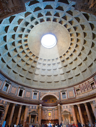 <strong>​   Which key feature of the Pantheon alluded to divine perfection?</strong> A)Its specific location in the Roman cityscape B)Its later use as a place to house Christian relics C)The geometry associated with the dome and the oculus D)The selection of marble mosaics on the floor <div style=padding-top: 35px> 