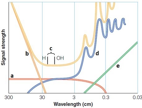 <strong>  Examine the accompanying figure. Which wavelength range is representative of the noise from Earth's atmosphere?</strong> A) a B) b C) c D) d E) e <div style=padding-top: 35px> 