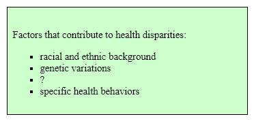 <strong>Directions: Use your knowledge of the reading-writing process to answer these questions about the following passage adapted from Hales, An Invitation to Health: Choosing to Change , Brief, 7<sup>th</sup> ed., 2012, p. 8. Health Disparities Despite great improvements in the overall health of the nation, Americans who are members of racial and ethnic groups-including black or African Americas, American Indians, Alaska Natives, Asian Americans, Hispanics, Latinos, and Pacific Islanders-are more likely than whites to suffer poor health and die prematurely. There is a longevity gap between white and black women and between white and black men. Many factors, including genetic variations, environmental influences, and specific health behaviors, contribute to these disparities . We live in the most diverse nation on Earth, one that is becoming increasingly diverse. For society, this variety can be both enriching and divisive. Tolerance and acceptance of others have always been part of the American creed. By working together, Americans have created a country that remains, to those outside our borders, a symbol of opportunity. This racial diversity also means varying susceptibility to disease. However , in defining race as a risk factor for certain health conditions, classifications such as black or Hispanic may be overly broad. Among Hispanics, for instance, Puerto Ricans suffer disproportionately from asthma, HIV/AIDS, and high infant mortality, while Mexican Americans have higher rates for diabetes. If, like many Americans, you come from a racially mixed background, your health profile may be complex. Use the information in the reading passage to complete the list outline: </strong> A)overall health of the nation B)environmental influences C)longevity gap D)none of the above