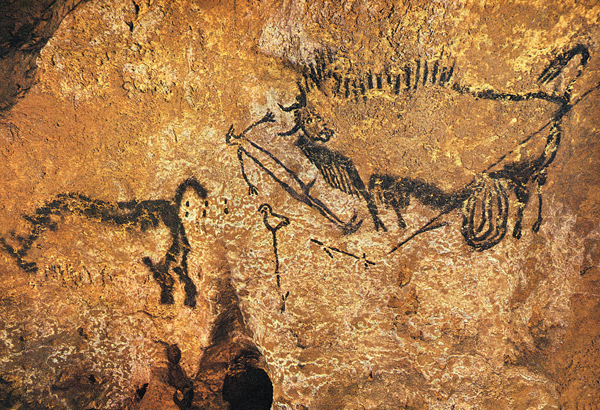 <strong> This painting at Lascaux is exceptional as the earliest depiction of what figure?</strong> A) A bird B) A woolly rhinoceros C) A bucranium D) A male human