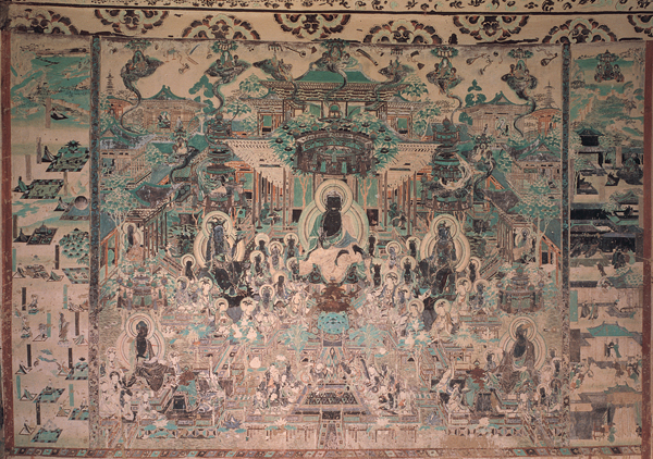 <strong> What is the name of the central figure in this artwork?</strong> A) Shakyamuni B) Amitabha C) Guanyin D) Harihara