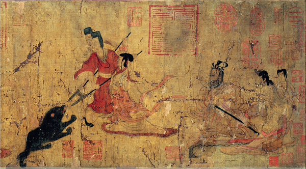 <strong> What is the title of this scene?</strong> A) Shi Huangdi and the Fairy B) Princess Yongtai and Her Ladies C) Emperor Huizong and the Cranes D) Lady Feng and the Bear