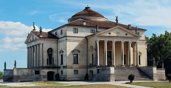 <strong> What typical Palladian architectural element is NOT present in his most famous villa, Villa Rotonda?</strong> A) Pantheon-like central dome B) Wings of subsidiary buildings C) Four identical facades D) Roman temple-like porches