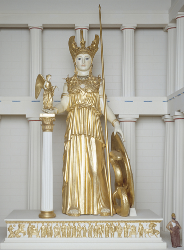 <strong> What materials made up the real statue of Athena Parthenos?</strong> A) Bronze and ivory B) Gold and marble C) Gold and painted clay D) Gold and ivory