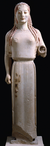 <strong> What explains the markings on this statue?</strong> A) Modern archaeologists added color during conservation work. B) The soil where it was buried caused discoloration of the marble. C) Liquid dedications were poured onto the statue. D) Greek marble statues bore much painted decoration.