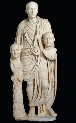 <strong> This figure is holding portrait heads representing which group?</strong> A) His fellow consuls B) His children C) His ancestors D) His political enemies