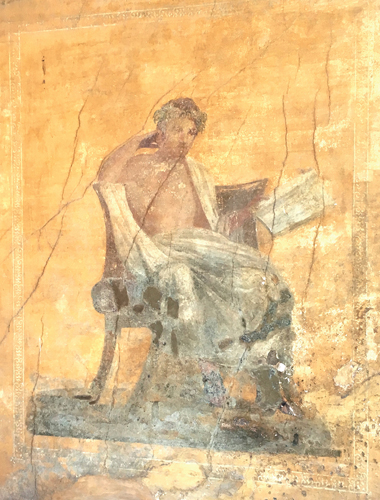 <strong> Who is pictured in this wall painting?</strong> A) The poet Homer B) The hero Achilles C) The poet Menander D) The statesman Alcibiades