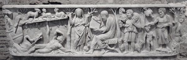 <strong> What is the subject of the scene that occupies the left third of the sarcophagus of Santa Maria Antiqua shown here?</strong> A) Serpent in Eden B) Temptation of Christ C) Noah's ark D) Salvation of Jonah